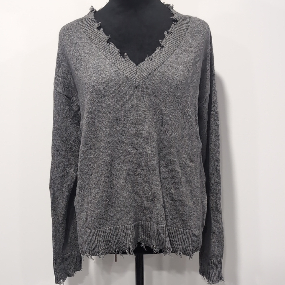 Maurices Gray V-Neck Sweater with Distressed Details